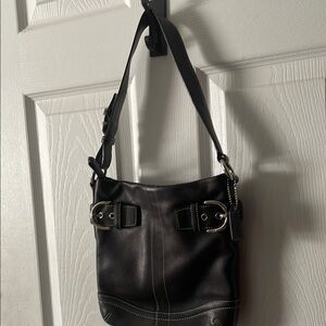Coach Dark Leather Hobo Bag with Buckle Accents